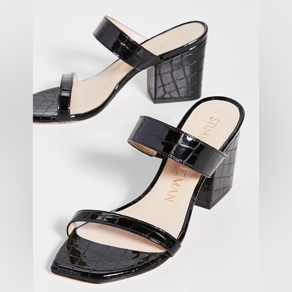 Stuart Weitzman Olive 75mm Mock Croc Embossed Black Leather Slide Sandals Sz 10